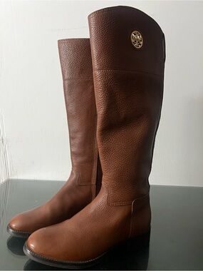 Tory Burch Brown Leather Knee-High Combat/Moto Boots